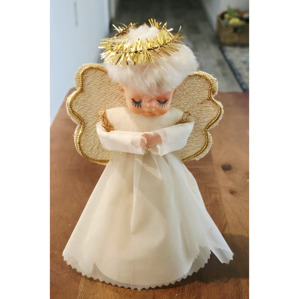 Vintage Christmas Angel Tree Topper Blonde Hair Closed Eyes Old 7.25"